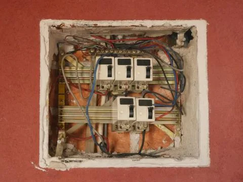 Electical power box with red and blue wires Stock Photos