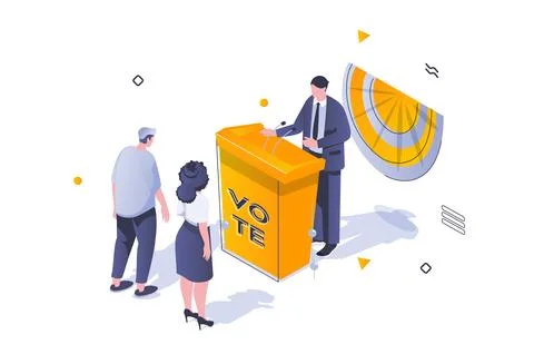 Election and voting concept in 3d isometric design. Political candidate stand Illustration