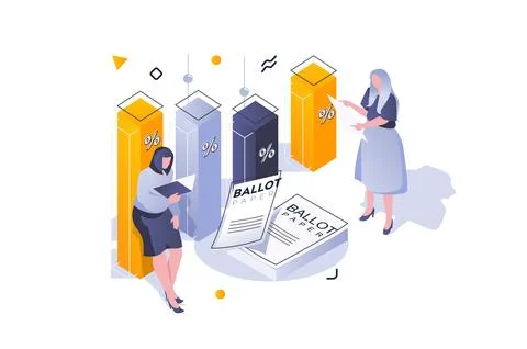 Election and voting concept in 3d isometric design. Women counting exit poll  Stock Illustration