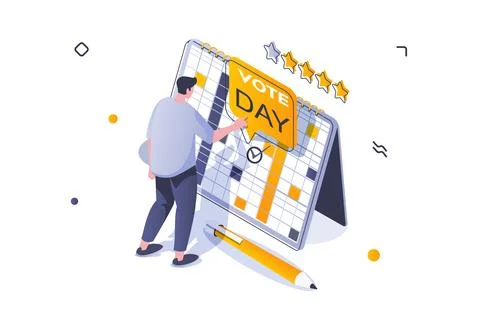 Election and voting concept in 3d isometric design. Man voter marks election  Stock Illustration