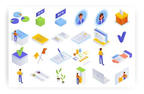 Election and voting isometric icon set. Voter, ballot box, ballot paper イラスト素材