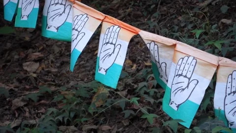 Election Buzz: Congress Party Flags &amp; Leaflets on Strings in Dehradun City,.. Stock Footage 262070783
