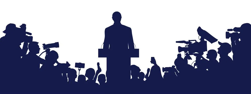 Election. Candidate with election program and reporters, cameramen. Silhoue.. Stock Illustration