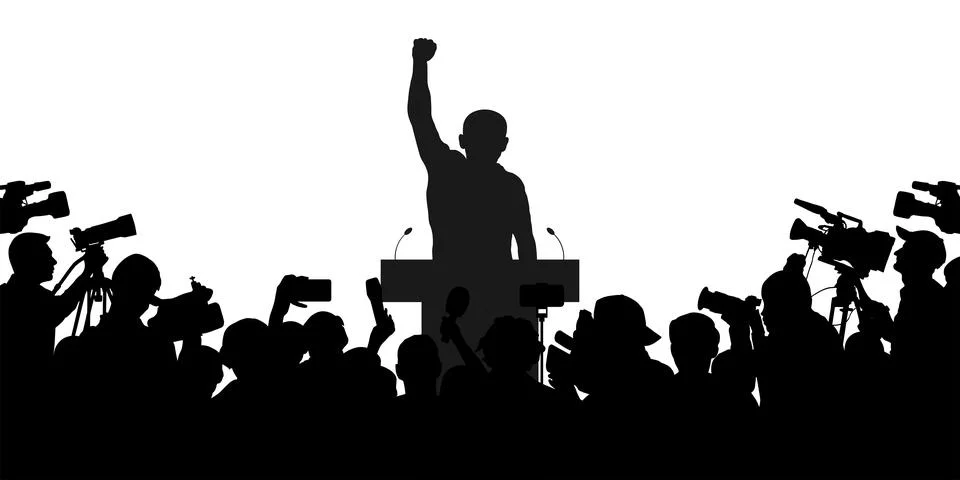 Election. Candidate with election program and reporters, cameramen. Silhoue.. 스톡 일러스트