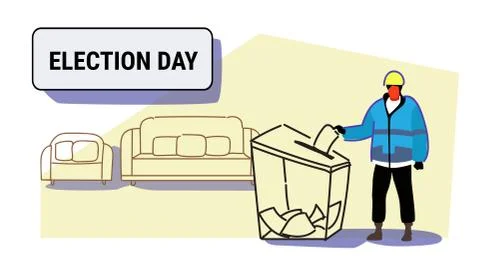 Election day concept construction worker in uniform man voter putting paper Stock Illustration