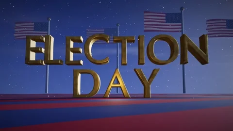 Election Day Gold 3D Letters with Waving American Flags on a Red and Blue Vídeos de archivo 342715537
