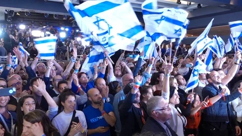 Election day Israel, crowd people happy Clapping hands, victory Stockbeeldmateriaal 110841353