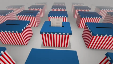 Election day - voting by mail, envelopes flying into USA themed ballot boxes Video stock 137838859