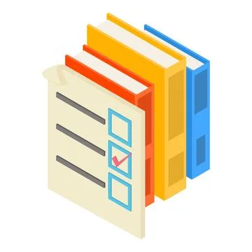 Election icon isometric vector. Ballot with checkmark and stack of colored book Stock Illustration