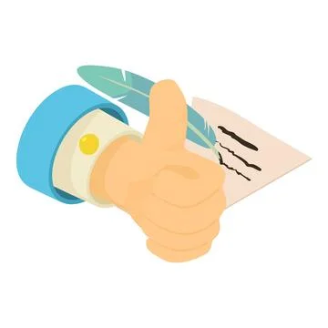 Election program icon isometric vector. Man hand with thumb up and paper and pen Stock Illustration