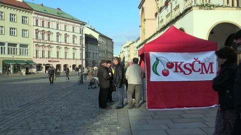 Election stand in the square of the Communist Party of Bohemia and Moravia KSCM Stock Footage 98417954