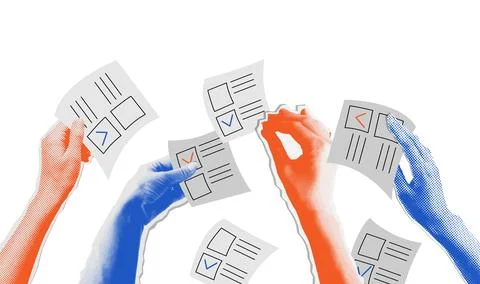 The election voting process, bidding, hands raised up with papers. Sale and buy Stock Illustration