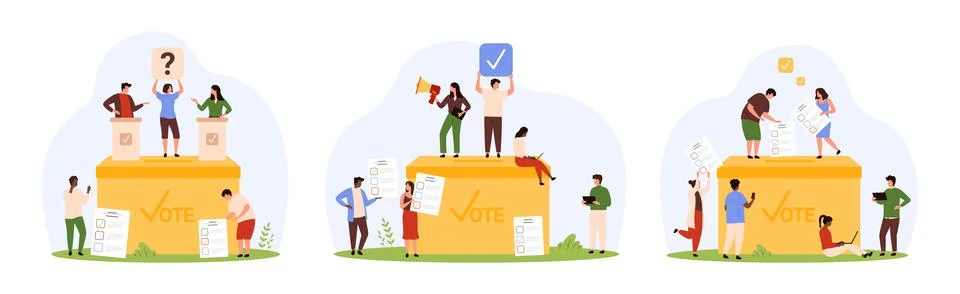 Election voting, referendum set, tiny people vote and put paper ballots into 스톡 일러스트