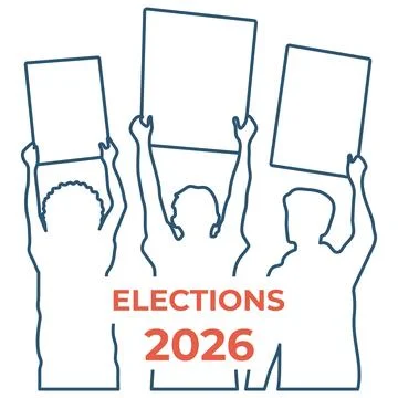 Elections 2026 concept with three silhouetted figures holding blank protest.. Stock Illustration