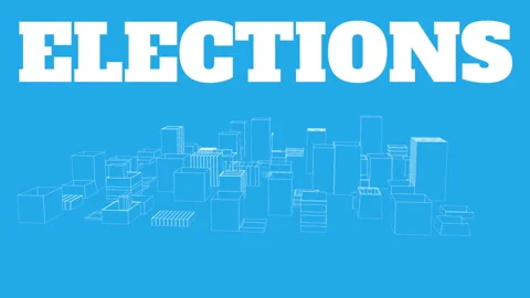ELECTIONS text animation over wireframe cityscape on blue background Vídeos de archivo 304933217