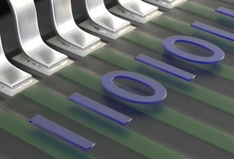 Electonic components microchips leg contacts with binary code bus on pcb 3d Stock Illustration
