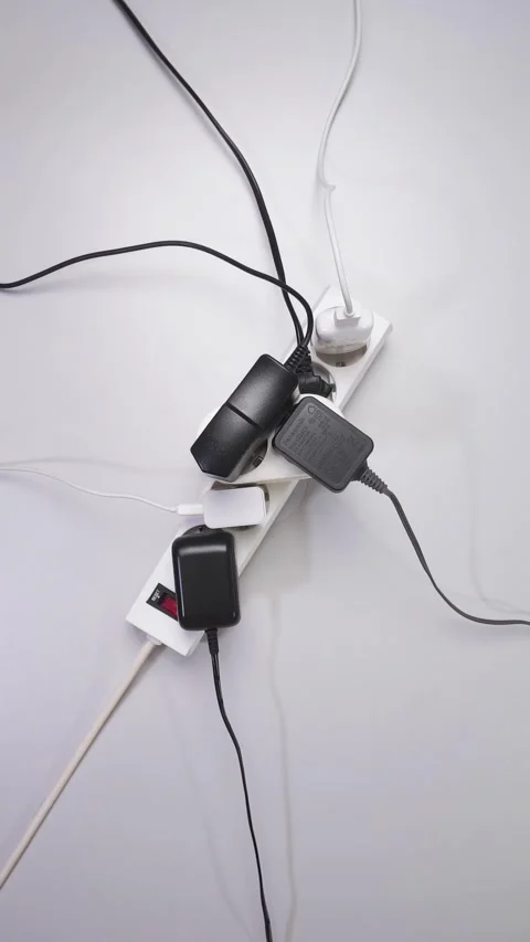 Electric adapter power plug has many appliances are plugged outlet socket Stock-Footage 305251194