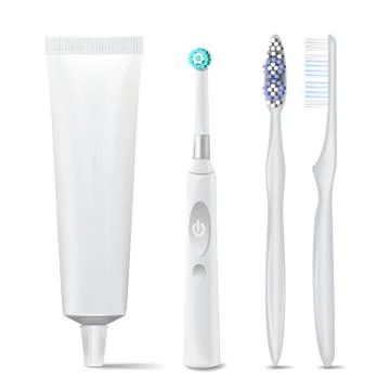 Electric And Plastic Toothbrush, Toothpaste Tube Vector. Mock Up For Branding Stock Illustration