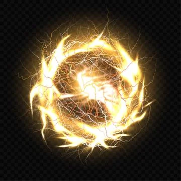 Electric ball, lightning plasma sphere, circle strike impact place in gold color Stock Illustration