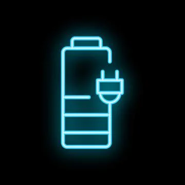 Electric battery charging with plug, neon sign on black background Stock Illustration