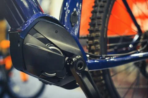 Electric bicycle motor inside the frame, modern technologies and environmenta Stock Photos