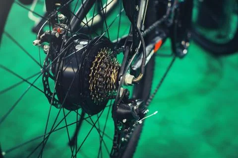 Electric bicycle motor inside the wheel, modern technologies and environmenta Stock Photos