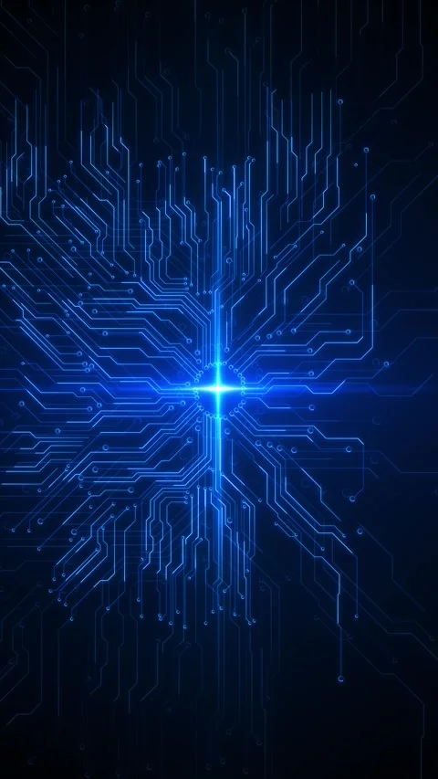 Electric blue circuit board background central flare, connected pathways, glowin Stock Footage 340403334