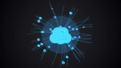 Electric blue cloud storage icon with files uploading and downloading along Vidéo 335185270