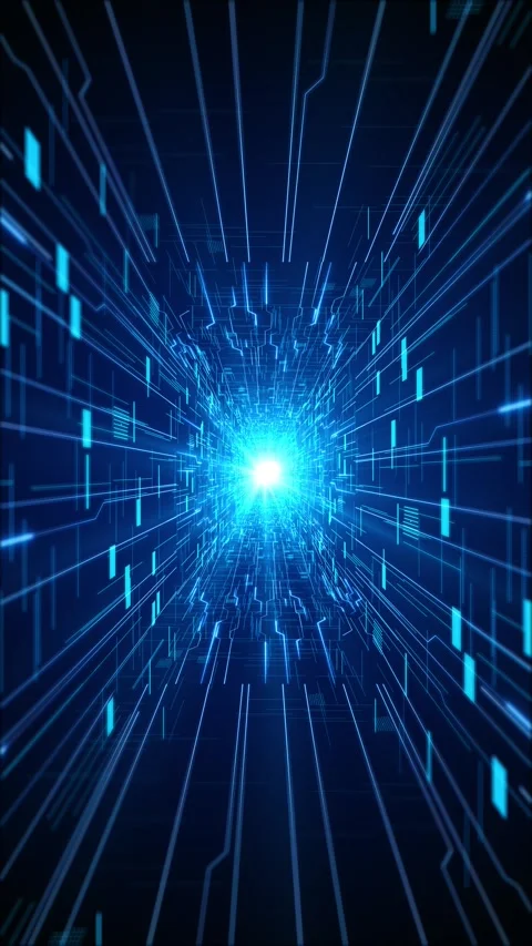 Electric blue data corridor glowing speed lines, digital blocks, and bright port Stock-Footage 340402906