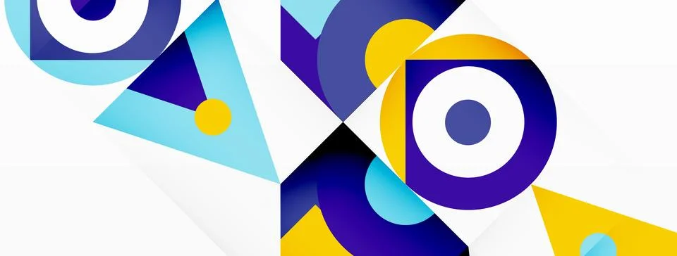 Electric blue geometric pattern with circles and triangles on a white background Stock Illustration