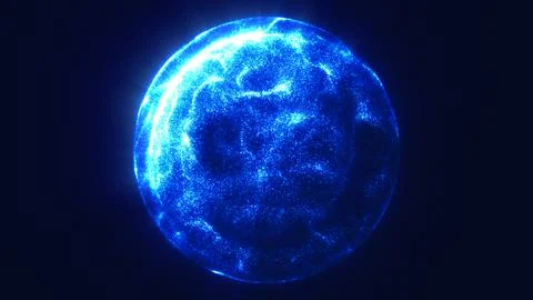 Electric blue glowing sphere formed by dense particles on dark background, .. Illustrazione stock