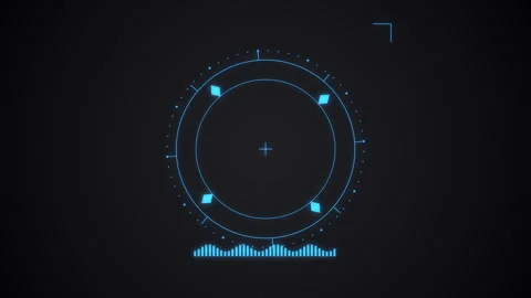 Electric blue HUD circle interface with rotating rings perimeter dots and Stock Footage 335189011