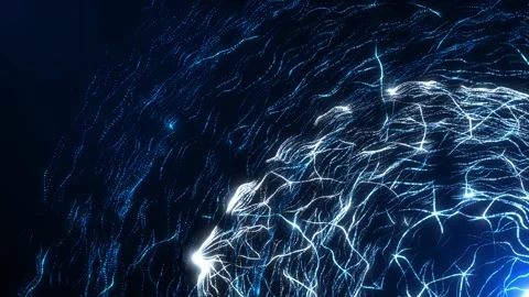 Electric blue light streams and branching lines flow across a dark background Stock Footage 332802782