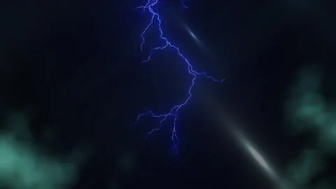 Electric blue lightning strikes dark stormy night sky with rays Video stock 337603024