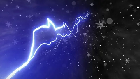 Electric blue lightning strikes through snowy winter sky with falling Video stock 343842238