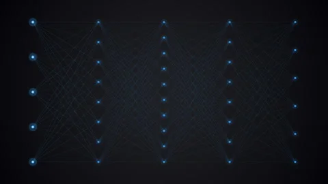 Electric blue neural network with activation pulses cascading through layered Stock Footage 335185001