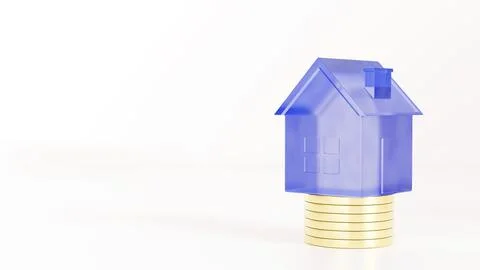 An electric blue rectangle house rests on a pile of gold coins Illustrazione stock