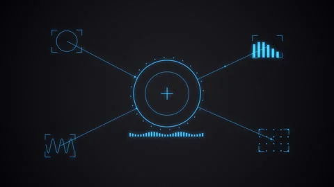 Electric blue tech HUD dashboard with multiple readout panels meters charts Stock Footage 335191937