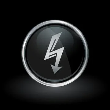 Electric bolt arrow icon inside round silver and black emblem Stock Illustration