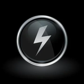 Electric bolt strike icon inside round silver and black emblem Stock Illustration