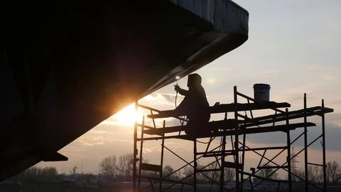 The electric builder repairs the barge Stock Footage 87084766