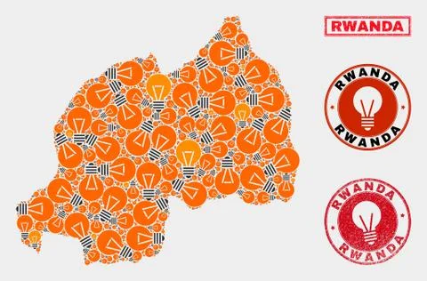 Electric Bulb Collage Rwanda Map and Rubber Seals 스톡 일러스트