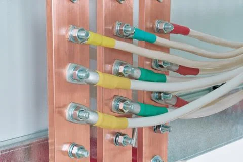 Electric bus bars connected to it by wires or cables. Stock-Fotos
