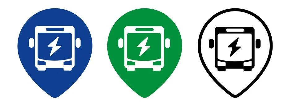 Electric bus location map pointer blue green black graphic icon symbol Stock Illustration