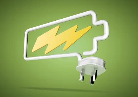 Electric cable and plug make battery and lightening bolt on green background Illustrazione stock