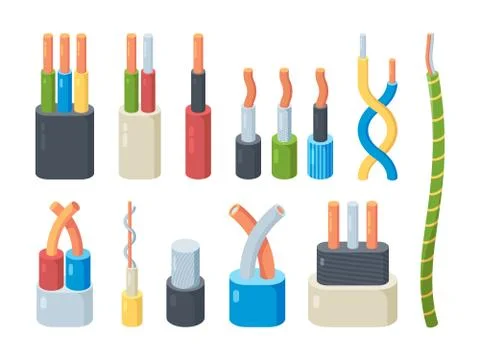 Electric cable color set. Copper and aluminum power connection voltage Stock Illustration
