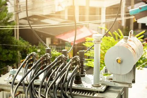 Electric cable with connector on high voltage transformer. Stock Photos