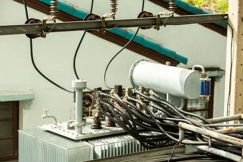 Electric cable with connector on high voltage transformer. Stock Photos