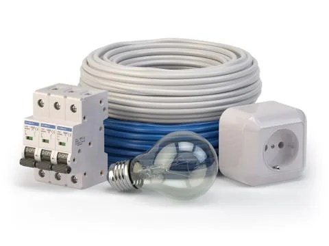Electric cable, laight bulb, circuit breaker and socket isolated on white bac Stock Illustration