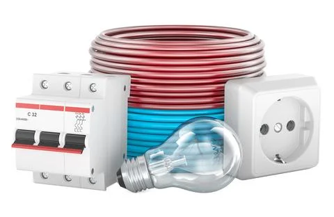Electric cable, light bulb, circuit breaker and socket. Electric components.. Stock Illustration
